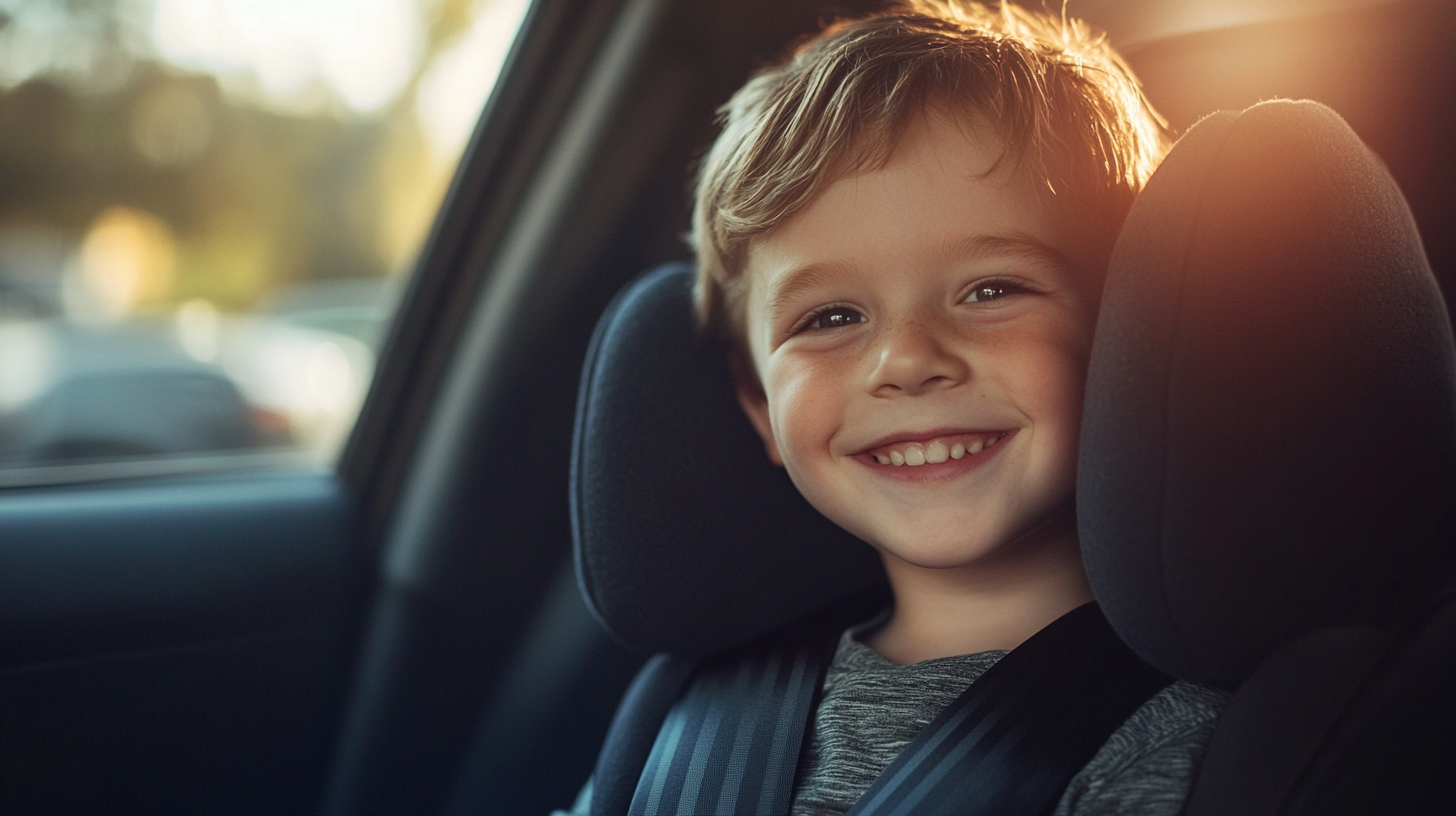 5-year-old child properly positioned in a high-back booster seat with seatbelt correctly positioned across chest and lap
